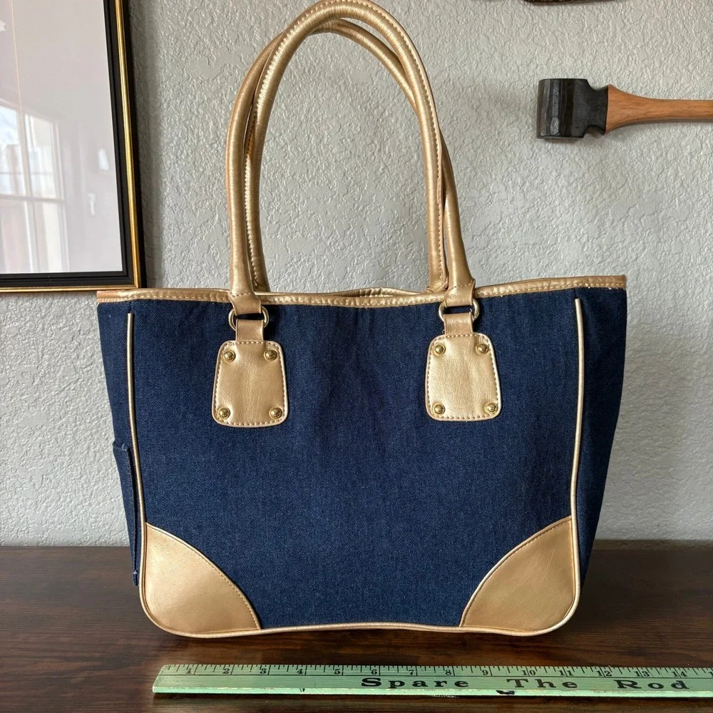Neiman Marcus Denim & Metallic Gold Faux Leather Tote Bag Large Y2K Shoulder Bag